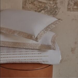 Frette At Home Puntini European Pillow Sham 26x26 White Beige Cotton Embroidery